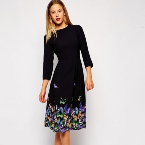 ASOS Dresses & Skirts - ASOS | Long sleeve navy butterfly print midi dress